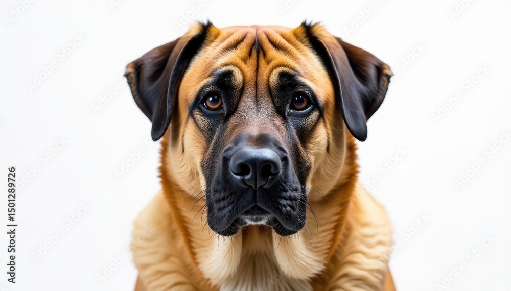 Obraz premium Noble Mastiff head shot, intense gaze, pure white backdrop, powerful, gaze, breed