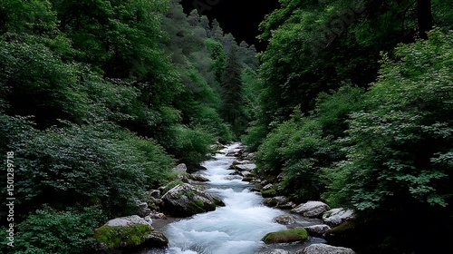 Serene Mountain Stream with Lush Forest, and Tranquil Nature.