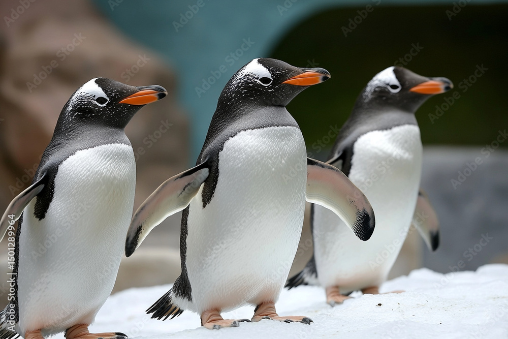 Obraz premium Penguins swim beneath the ice, showcasing their agility and grace in a dynamic underwater environment