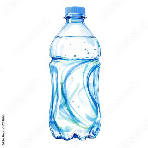 A clear plastic water bottle with blue cap filled with water on a black background in studio shot isolated with white background