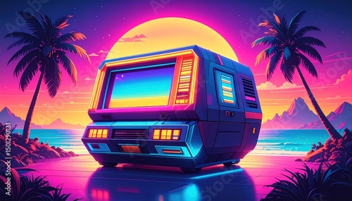Cyberpunk vehicle on a neon beach under a sunset