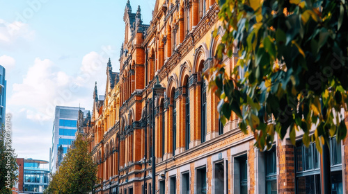 Stunning view of historic architectural building featuring intricate brickwork and ornate details, surrounded by greenery and modern structures