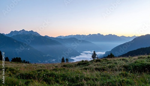 Mountain vista meadow foreground, hazy valley, distant peaks under pale sky.
