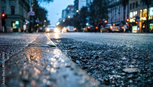 Wet city street focus on curb with blurred cars & buildings in distance