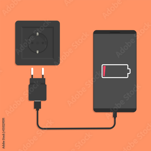 Smartphone with low battery warning and charging adapter. Vector illustration for representing concepts related to electronic device charging