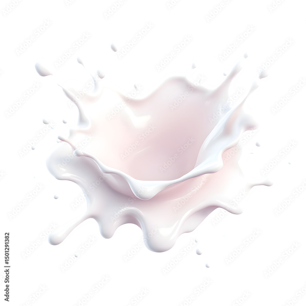 A white liquid splash with droplets isolated on a black background in a studio shot close up view isolated with white background