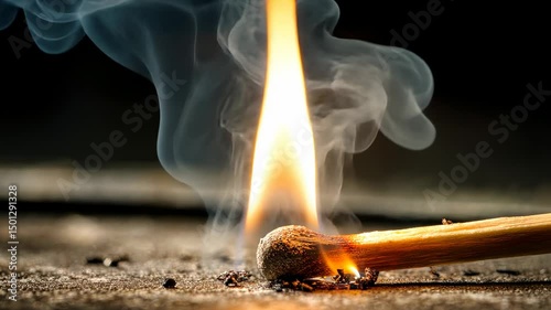 Burning match with vivid flame and wisps of smoke against dark background