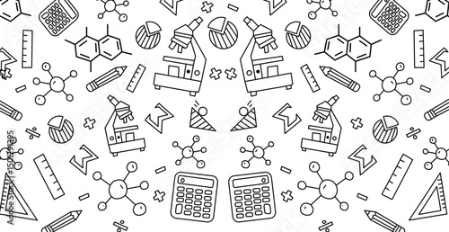Education doodle seamless pattern. Science line hand drawn elements - mathematics formula, chemistry molecule, dna, graph, scientific experiment vector repeated background