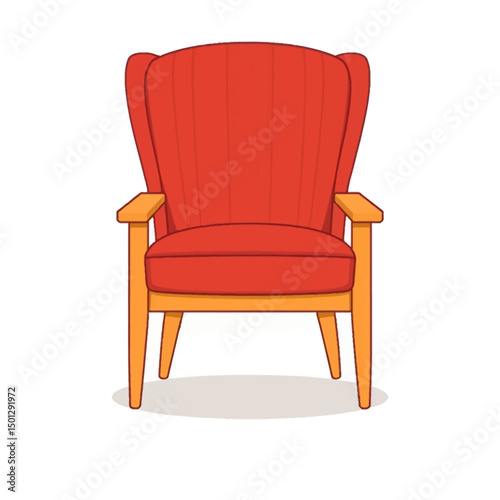 Red upholstered armchair with wooden legs