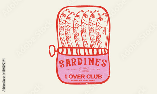 Seafood t shirt design. Sardines love club. Canned fish artwork. Fish vintage artwork. Sardines fish artwork for t shirt print, poster, sticker and other uses. Dinner party.
