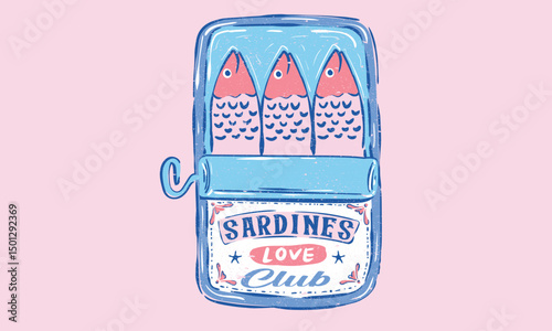 Sardines fish artwork for t shirt print, poster, sticker and other uses. Dinner party. Seafood t shirt design. Sardines love club. Canned fish artwork. Fish vintage artwork.