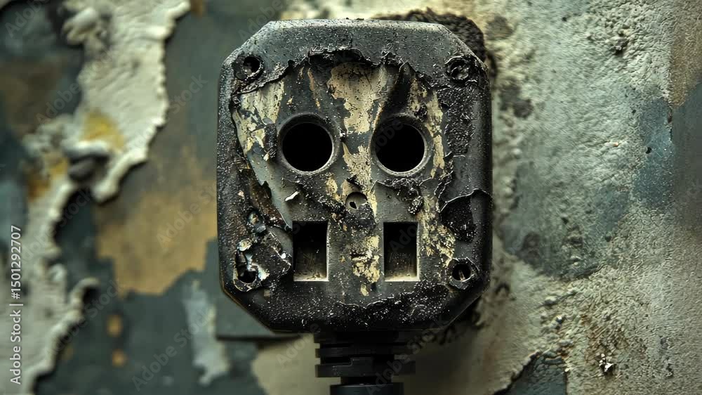 Rusty outlet on wall with holes in base.