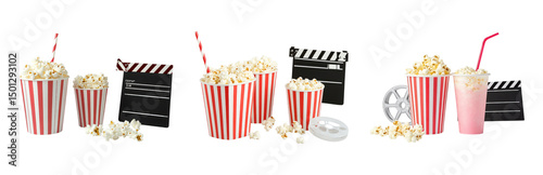 Popcorn and Film Clapboard on Isolated Transparent Background