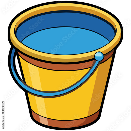 Yellow bucket with blue water vector illustration, cartoon cleaning or sand play icon
