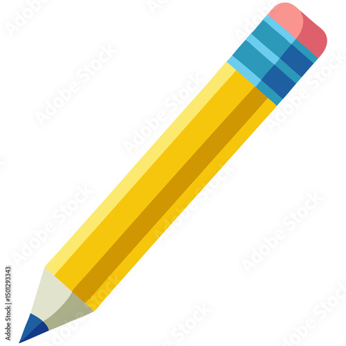 Yellow pencil vector illustration with pink eraser, writing and drawing tool icon
