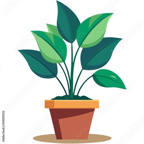 Green leafy houseplant in terracotta pot vector illustration, indoor plant decor icon
