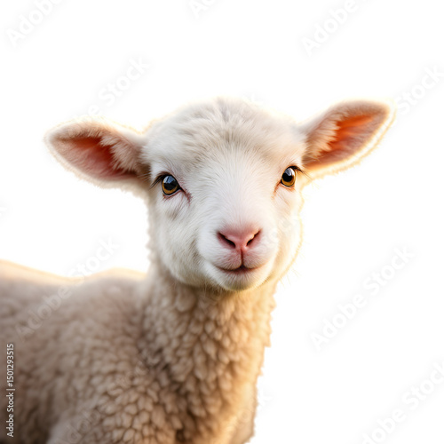 A close up shot of a fluffy white lamb with a pink nose and brown eyes on a black background isolated with white background
