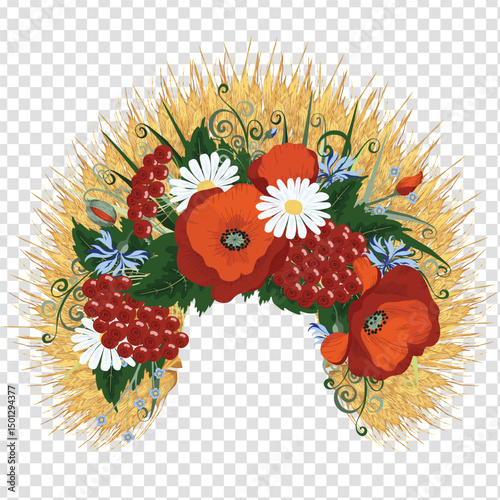 Wreath with wildflowers, poppies, daisies and wheat spikelets, ready-made spring composition hair decoration, vector illustration on a transparent background