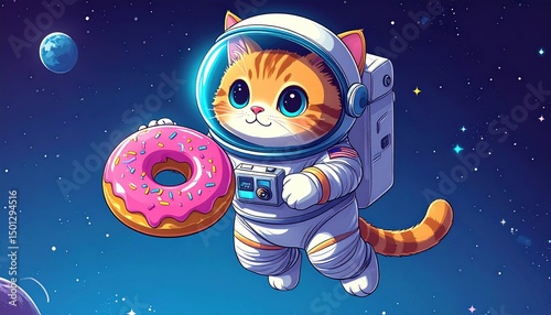 Cartoon cat astronaut floats in space holding a donut with a blue planet in the background
