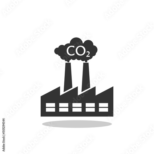 Factory with chimney polluting CO2 cloud icon with shadow