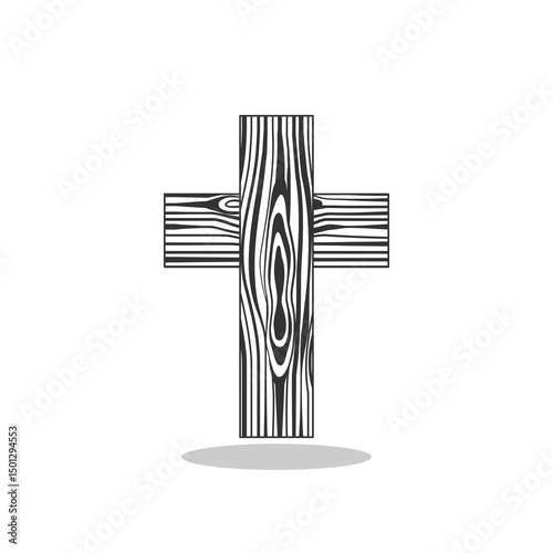 Wood christian cross icon with shadow