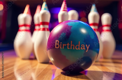 Colorful bowling ball with 'Birthday' text in front of white bowling pins with red stripes. Bright party atmosphere with copy space 