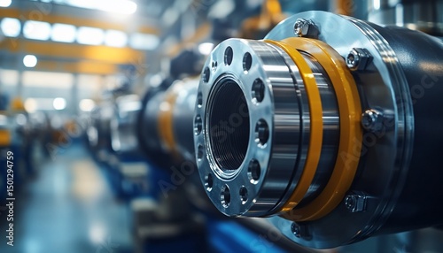 Close-up of industrial pipeline flanges with yellow seals in a factory setting
