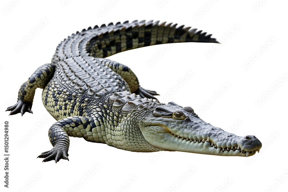 Obraz premium Crocodile isolated on transparent background, wild predator reptile with sharp teeth and rough skin.
