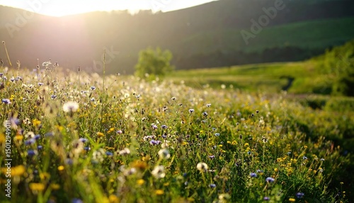 Sunny wildflower meadow with hills in background glows with golden light