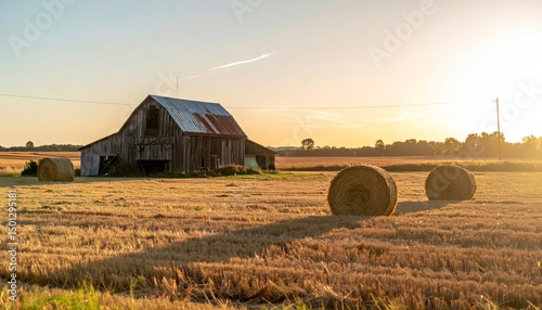 Rustic barn in a golden field at sunset with hay bales and distant trees