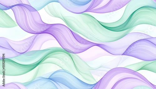 Wavy pattern of semi-transparent ribbons in hues of purple, green, and blue on white