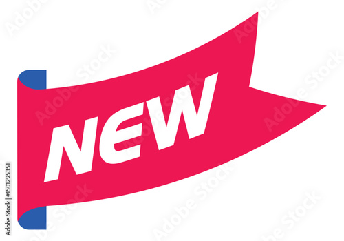 New arrival red ribbon label banner. Open or available now tag for promotions.