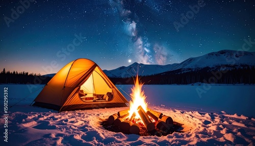 Illuminated tent beside crackling campfire under starry night sky in snowy mountain wilderness