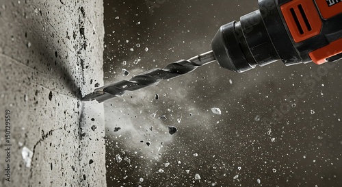 Drilling Concrete Wall: Construction Site Action Shot