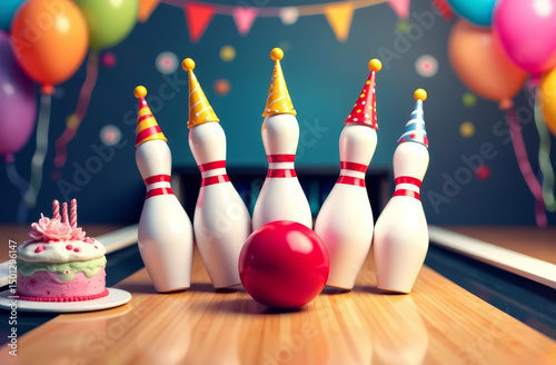 Colorful bowling pins with party hats stand on a bowling lane. A red ball is in front. A birthday cake and balloons are in the background, creating a festive atmosphere.