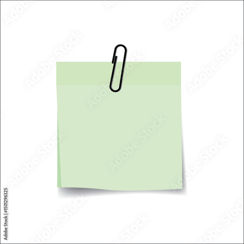  Green sticky note with paperclip, flat vector illustration symbolizing reminders, notes, office tasks, organization, planning, and messages, isolated on white background, useful for digital designs a