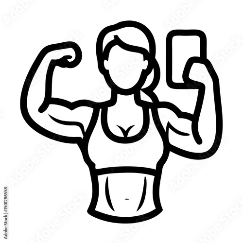 Fitness woman flexing muscles while taking a selfie in gym setting  