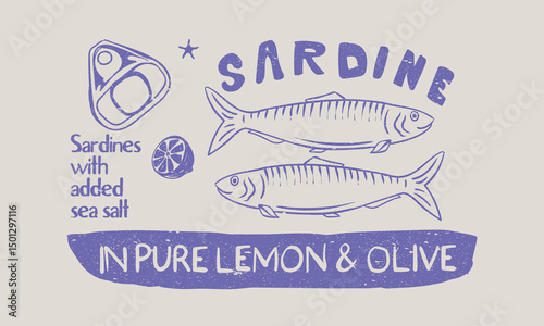 Seafood t shirt design. Sardines love club. In pure olive and lemon. Canned fish artwork. Fish vintage artwork. Dinner party. Sardines fish artwork for t shirt print, poster, sticker and other uses.