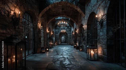 Medieval castle dungeon prison hallway illuminated by flaming torches on stone walls. Long corridor with barred cells, gothic arches, cobblestone floor leading to stairs. Underground game environment.