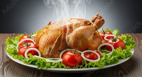 Roasted chicken with vegetables on a plate.