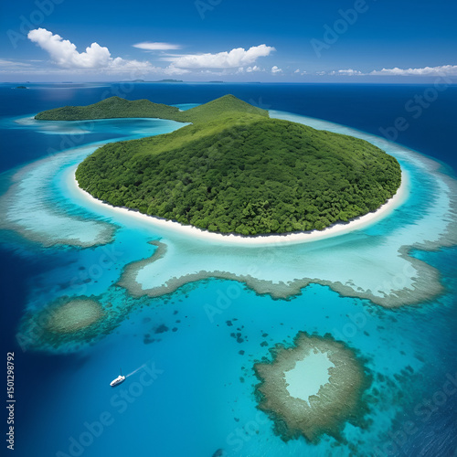 A tranquil aeriform persuasion of a tropical island paradise with turquoise waters and lush verdure under a shiny blue sky.