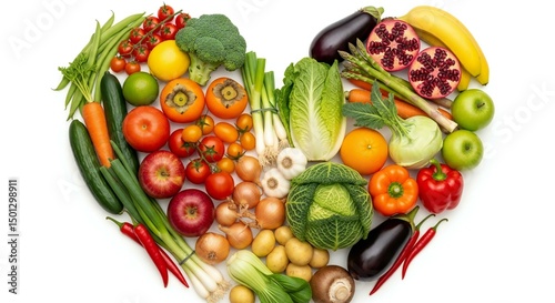 Colorful assortment of fresh fruits and vegetables arranged in a heart shape.