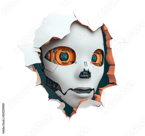 Futuristic Robot Face Breaking Through Wall