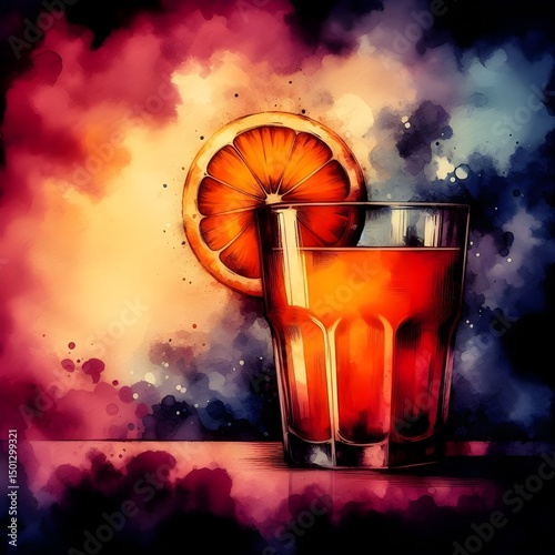 glass of orange juice watercolor illustration