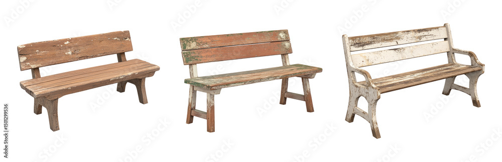 Fototapeta premium Set of Three Isolated Wooden Benches on Transparent Background