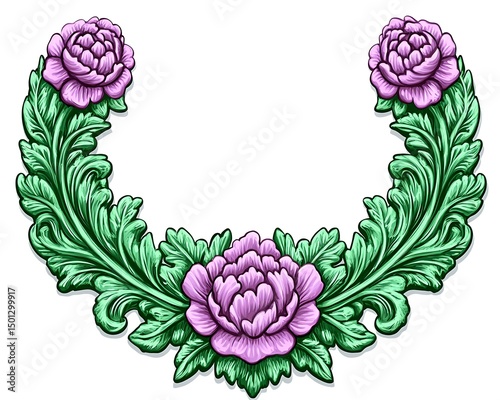 Decorative floral design with leaves and three stylized flower blooms