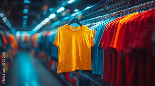 Yellow shirt retail display, clothing store