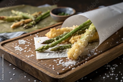 Crispy asparagus tempura served on parchment with sea salt as a delightful snack