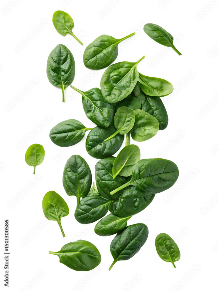 Fototapeta premium Fresh Baby Spinach Leaves Isolated on White Transparent PNG Background