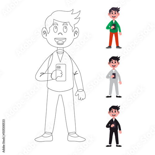 vector icon of an adult man holding a mobile phone, line icon and colored dark white, black, shirt using dark green, pants using dark red